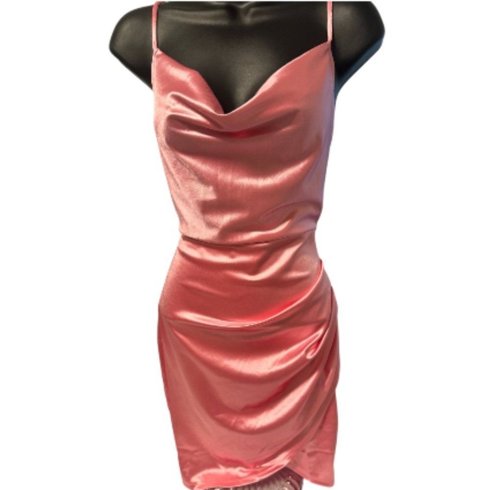 Pink Satin Cowl Neck Mini Dress Ruched Front Bodycon Silky Slip – Size S✨💖
